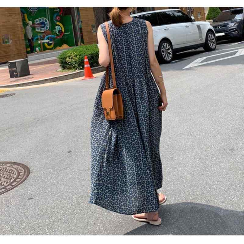 ワンピース レディース 大きいサイズ 韓国風 高見え ノースリーブ Vネック ロングワンピース 麻 リネン 花柄 高腰 ゆったり ブルー グリーン 春夏 ストリート