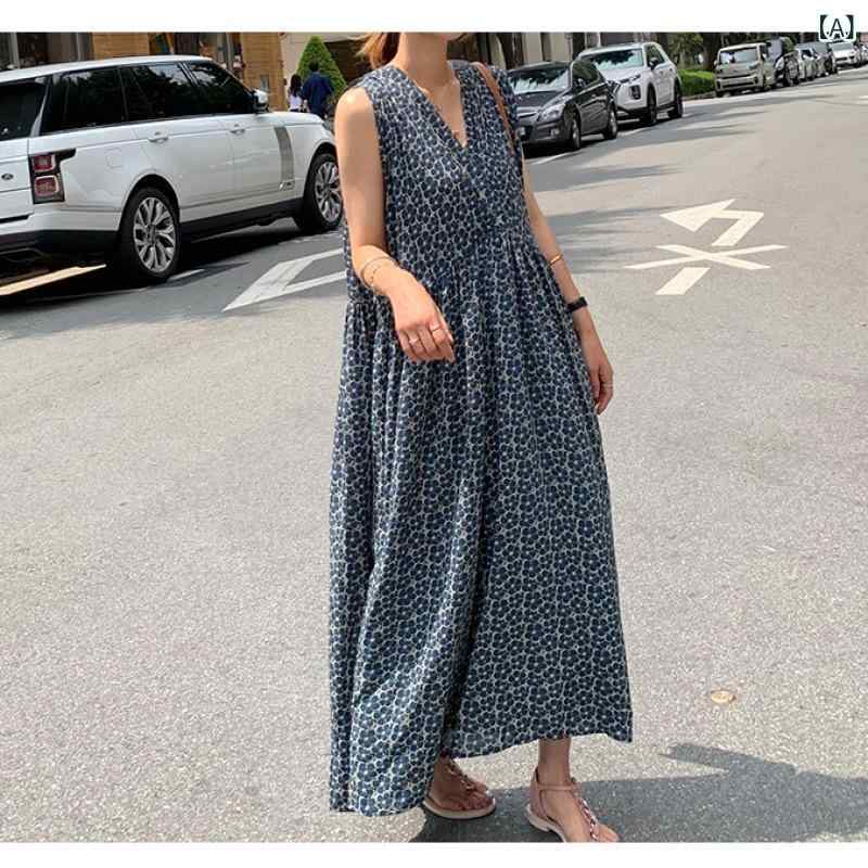 ワンピース レディース 大きいサイズ 韓国風 高見え ノースリーブ Vネック ロングワンピース 麻 リネン 花柄 高腰 ゆったり ブルー グリーン 春夏 ストリート