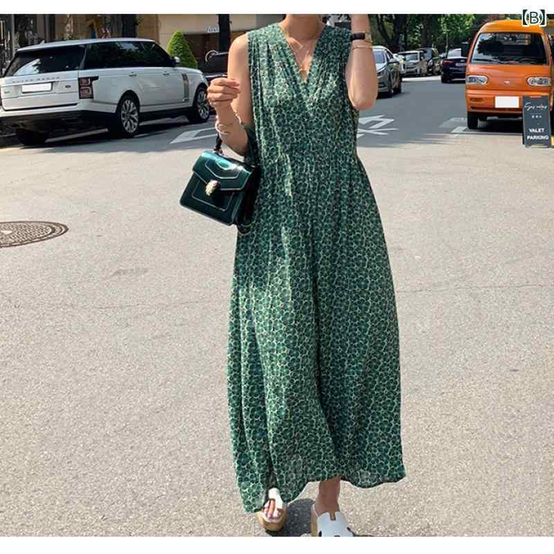 ワンピース レディース 大きいサイズ 韓国風 高見え ノースリーブ Vネック ロングワンピース 麻 リネン 花柄 高腰 ゆったり ブルー グリーン 春夏 ストリート