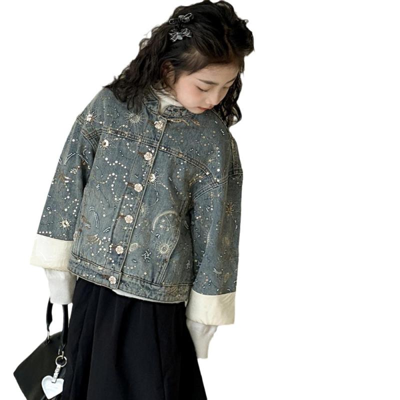 子供服 ジャケット 新しい中国スタイル 女の子 アウター デニム 秋冬 中 बड़ाကလေး 刺繍 ショート丈 ポリエステル ブルー(4)