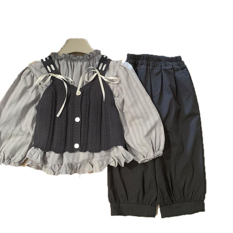 子供用セットアップ 長袖シャツ ニットキャミソール ズボン 女の子 韓国風 木耳フリル襟 かわいい 普段着