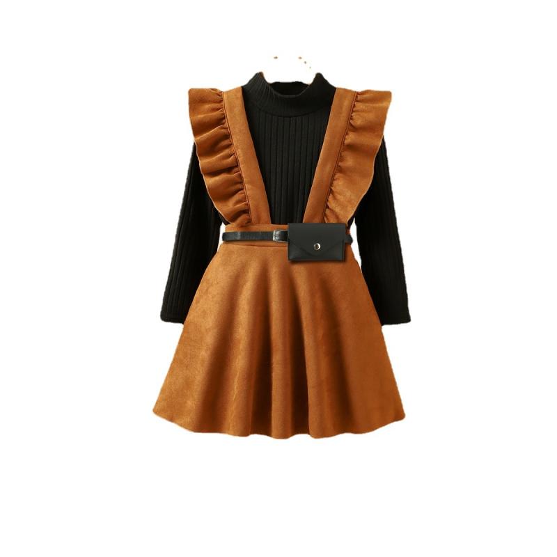 子供用セットアップ ニットトップス スエード サロペットスカート ウエストバッグ 3点セット ガールズ ..