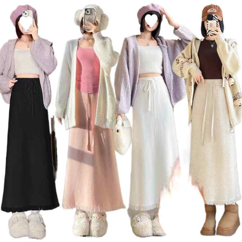 スカート レディース ピンク系 ニット Aライン 直筒スカート ハイウエスト 切り替え 膝下丈 タイトスカ..