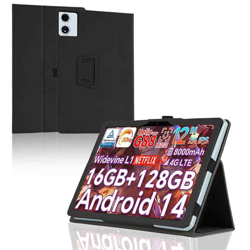 For Teclast T60 Plus/ODEA A12 ケース 軽量 Teclast T60Plus/ODEA A12 タブレット 12インチ 用保護ケース 手帳型保護カバー スタンドケース TPU+PU製 軽量 汚れ防止/耐衝撃 (ブラック)