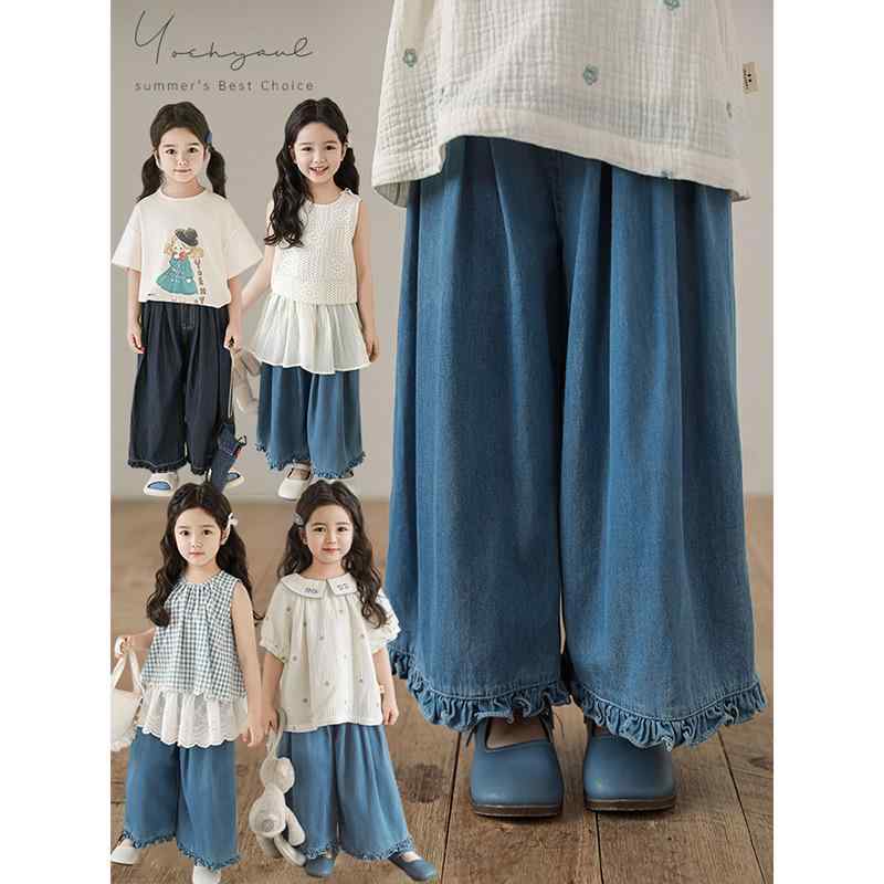 子供服 ジーンズ 女の子 夏用 デニムパンツ 薄手 ゆったり ワイドレッグパンツ コットン100% フリル 裾..