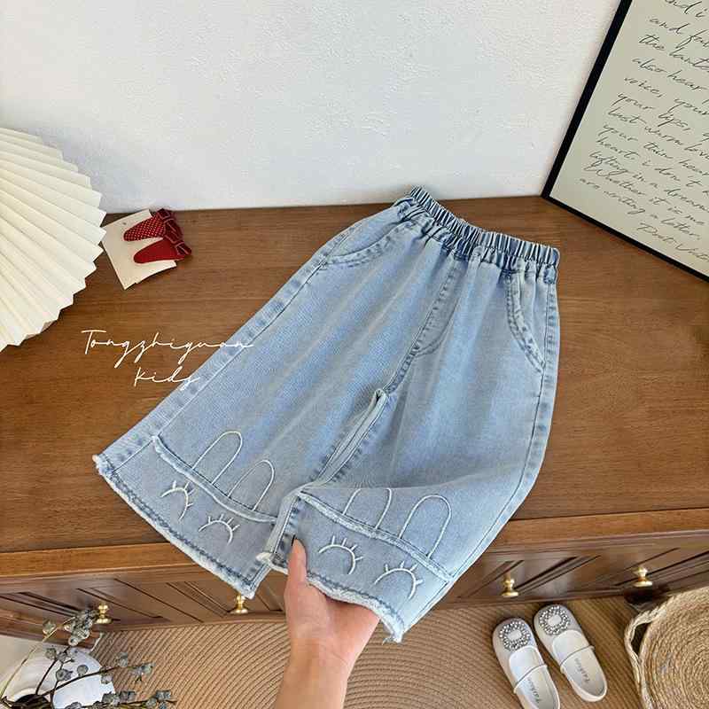 子供服 ジーンズ 女の子 夏 デニムパンツ 小兔 刺繍 コットン 7分丈 中小儿童 普段着 かわいい ガール..