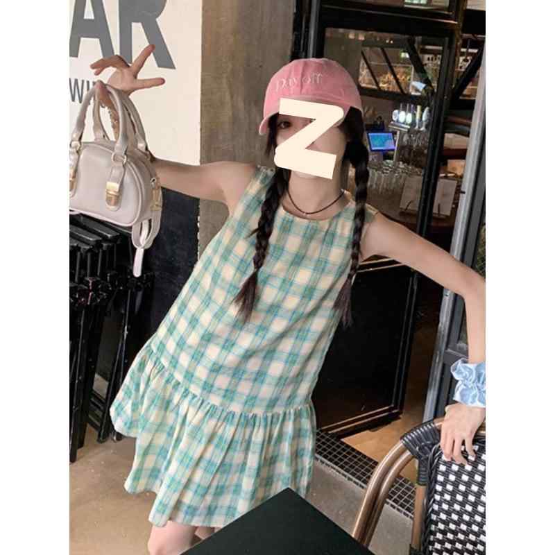 ワンピース レディース 小柄 かわいい ノースリーブ ケーキスカート タータンチェック ポリエステル グ..