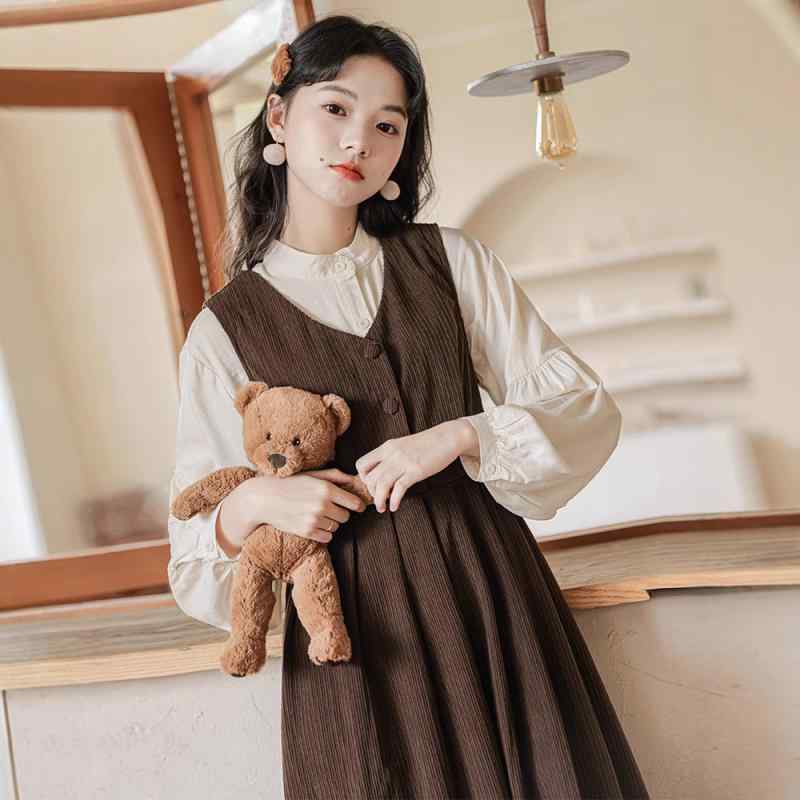 ワンピース レディース 秋冬 コーデュロイ Vネック サロペット ジャンパースカート 長袖 シャツ セットアップ 2点セット レトロ Aライン ミモレ丈 ハイウエスト 文芸風 コットン ポリエステル