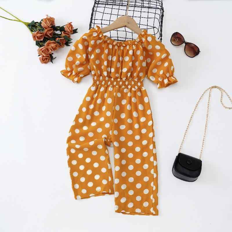 ロンパース 女の子 子供服 水玉 模様 パフスリーブ ウエスト切り替え カジュアル ポリエステル 春夏 イエロー系