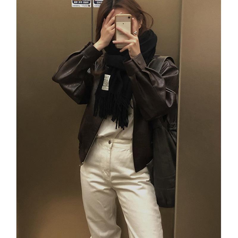 ジャケット レディース 韓国風 ライチ模様 フェイクレザージャケット ドロップショルダー ゆったり ブ..