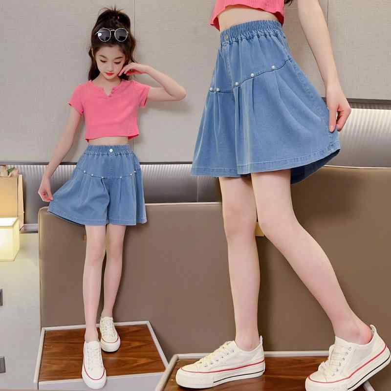 キッズ デニムショートパンツ ガールズ 子供服 女の子 夏 ワイドレッグ キュロットスカート 薄手 ゆっ..