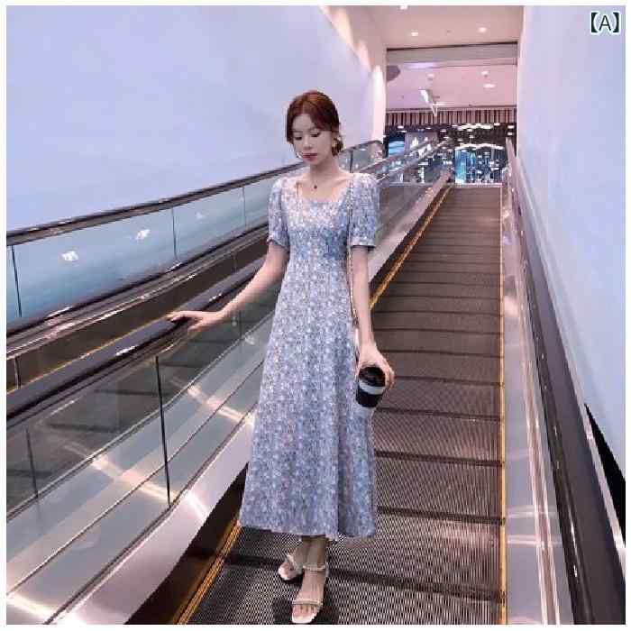 ワンピース レディース 春夏 花柄 レトロ ロングワンピース Aライン スクエアネック パフスリーブ 膝下 ミモレ丈 ゆったり 文芸風 紺色 青色