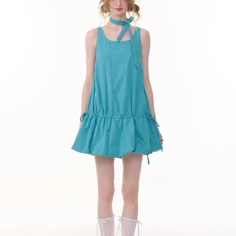 ワンピース レディース ノースリーブ Aライン スクエアネック 切り替え ギャザー ハイウエスト 膝丈 ミディ丈 無地 ブルーグリーン ライトブルー フェミニン 通勤