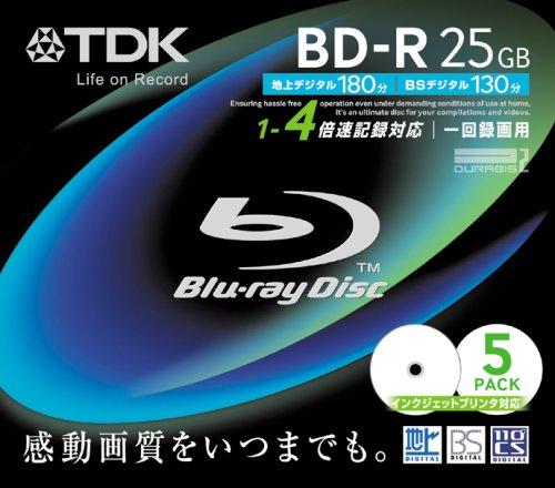 TDK 録画用ブルーレイディスク 25GB BD-R(1回録画用) 4X ホワイトワイドプリンタブル 5mmケース 5枚パック BRV25PWB5S