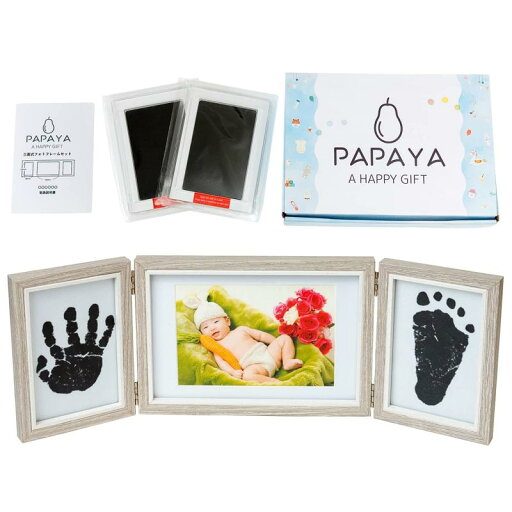 PAPAYA ベビーフォトフレーム手形足形 (3連式 手形 足形 記念品 ギフト 出産祝い 内祝い 写真立て 可愛い化粧箱 赤ちゃん) 失敗しても安心 手足を汚さないインク2枚付き PAPAYA ベビーフォトフレーム手形足形 (3連式 手形 足形 記念品 ギフト 出産祝い 内祝い 写真立て 可愛い化粧箱 赤ちゃん) 失敗しても安心 手足を汚さないインク2枚付き