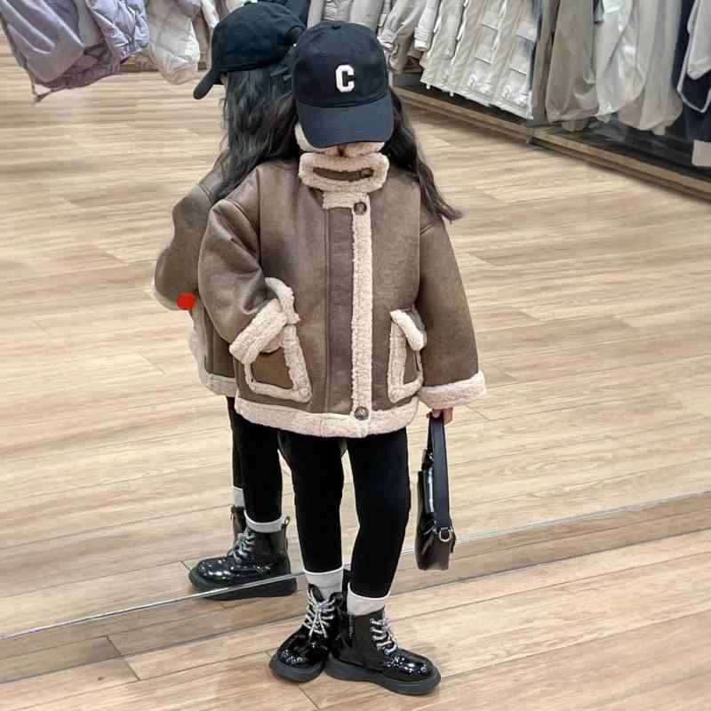 子供服 アウター ジャケット 女の子 秋冬 厚手 防風 裏起毛 レザー ジャケット 立ち襟 キッズ 90cm 100cm 110cm 120cm 130cm 140cm 普段使い 韓国風 かわいい ブラウン ブラック(4)