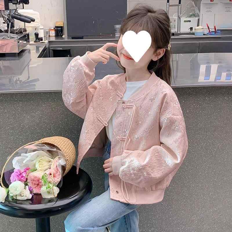 子供服 ジャケット 女の子 中華風 アウター 春秋 ポリエステル ミドル丈 コート オフホワイト ピンク