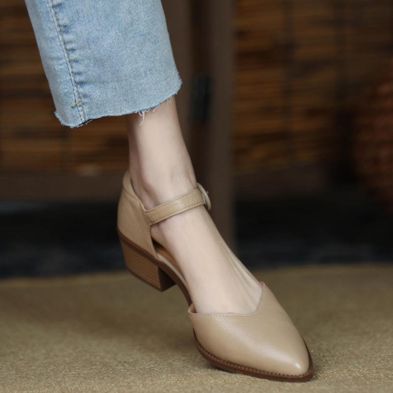 サンダル レディース 羊革 ポインテッドトゥ 太ヒール ストラップ ビーチサンダル 婦人靴 杏色