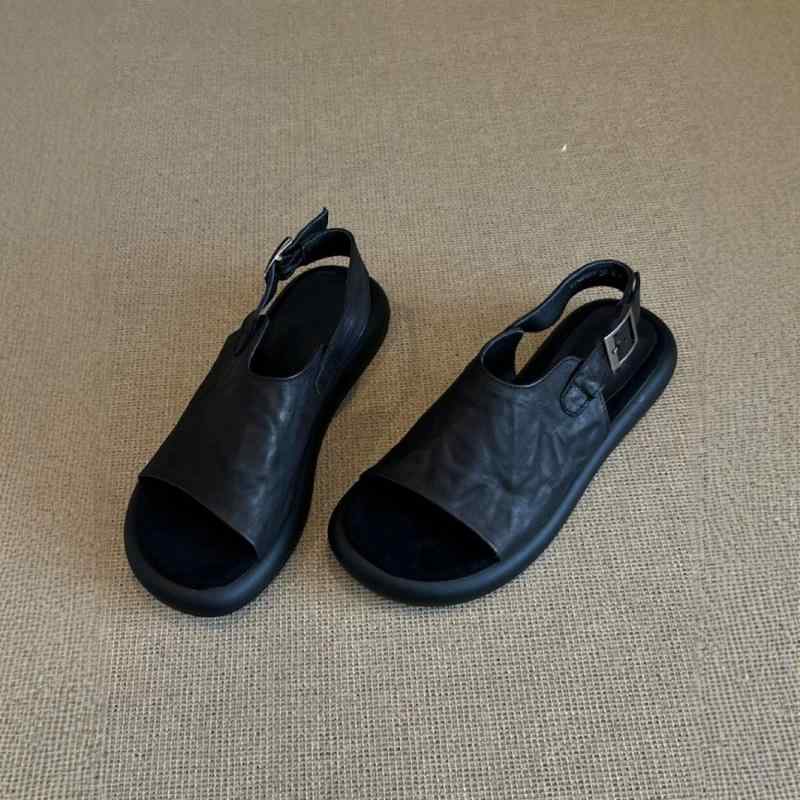 サンダル レディース 羊革 フラット 厚底 ローマ風 バックストラップ オープントゥ カジュアル 深みブラウン ブラック系