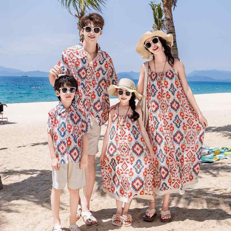 ワンピース 親子 夏 ビーチ リゾート ボヘミアン エスニック 4人 家族 お揃い 天竺コットン ノースリー..