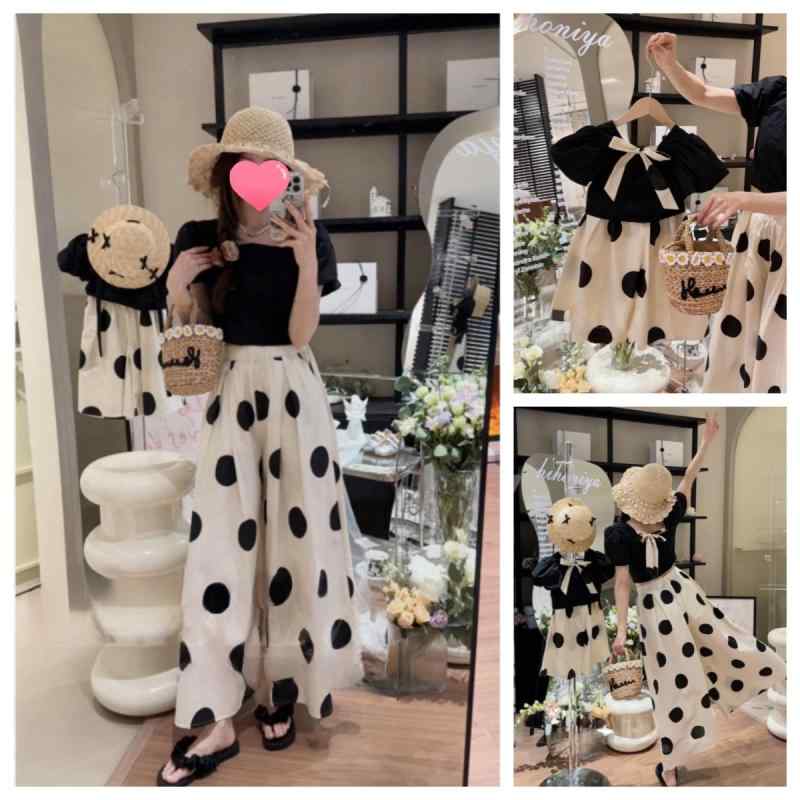 セットアップ ガールズ 子供服 親子コーデ ドット柄 パフスリーブ スクエアネック パンツ 薄手 春夏 綿90%