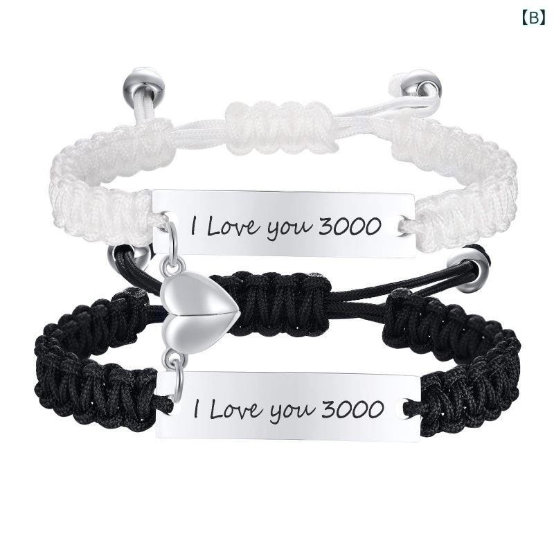 ブレスレット レディース メンズ ペア ステンレス 黒 白 ロープ 編み込み 愛の磁石 刻印 シンプル アレ..