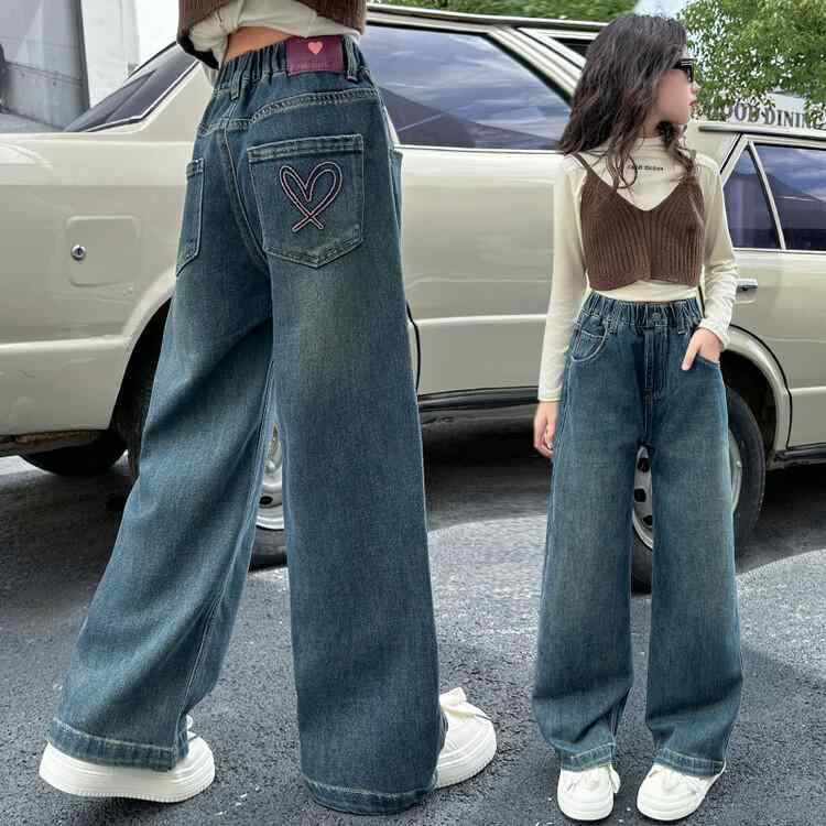 子供服 デニムパンツ ガールズ ワイドレッグパンツ 深青色 ロングパンツ 中・高学年 コットン 普段着 ..