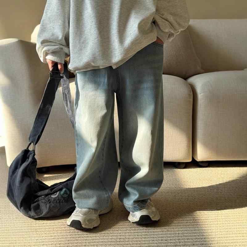 子供用ジーンズ 春夏 ウォッシュ加工 ワイドレッグ ゆったり 男児 キッズ デニムパンツ レトロ ストレ..