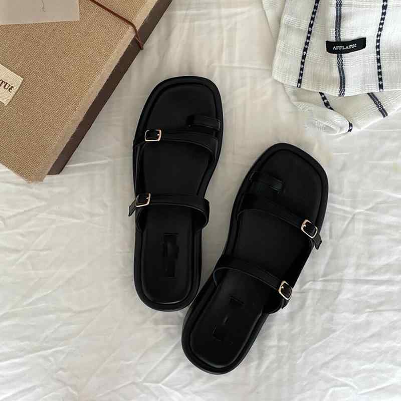 サンダル レディース 韓国風 厚底 羊革 一文字 ストラップ デザイン つま先あり カジュアル 快適 ビー..