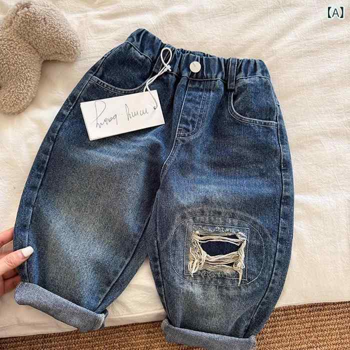 子供用ジーンズ ボーイズ デニムパンツ ロングパンツ ダメージ加工 ストレートパンツ ウエストゴム 普..