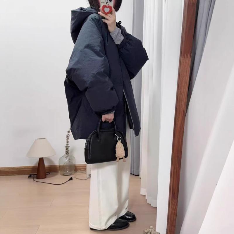 ダウンジャケット レディース 韓国風 かわいい 秋冬 アウター 長袖 厚手 ゆったり フード付き 暖かい 防寒 紺色 白 M L(4)
