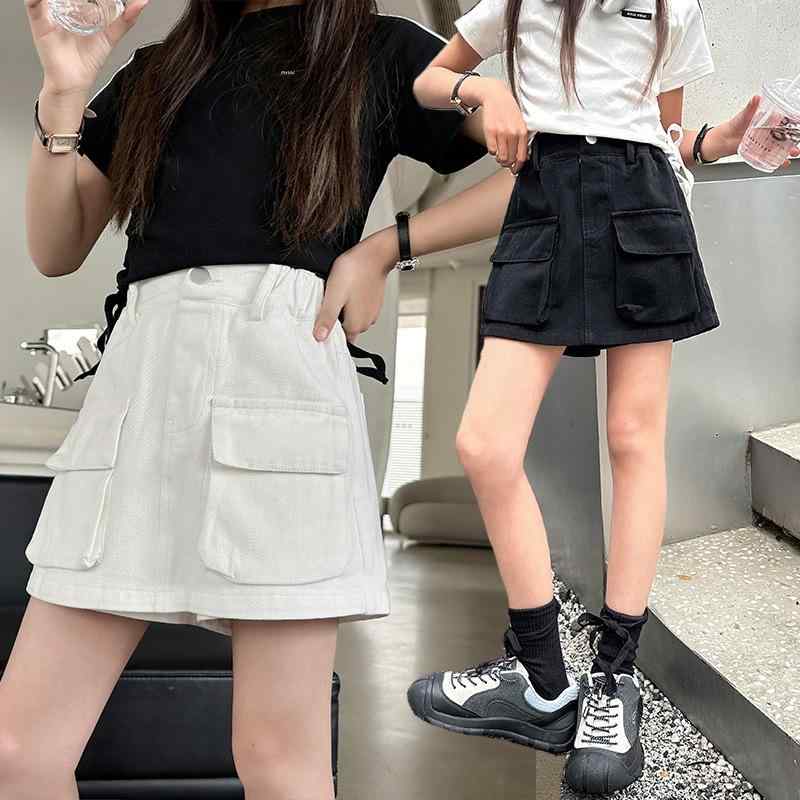 子供服 デニムスカート付きパンツ 女の子 高ウエスト ショートパンツ 春夏 綿混紡 無地 ホワイト ブラ..