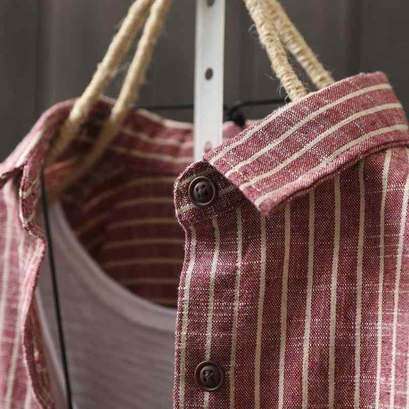 シャツ レディース 秋冬 ストライプ柄 コットンリネン ゆったりサイズ 長袖 トップス ブラウス カーディガン ミディアム丈 ブラック レッド