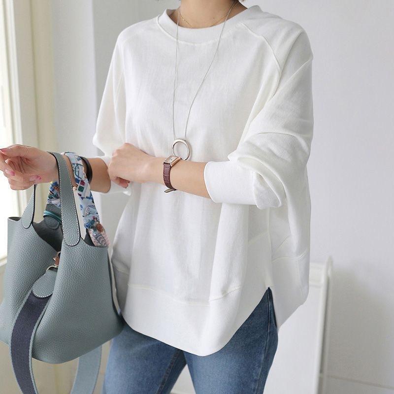 トレーナー レディース 春秋 ゆったり 長袖 ラウンドネック プルオーバー トップス カットソー カジュアル きれいめ かわいい 韓国風 ブラック ホワイト(4)