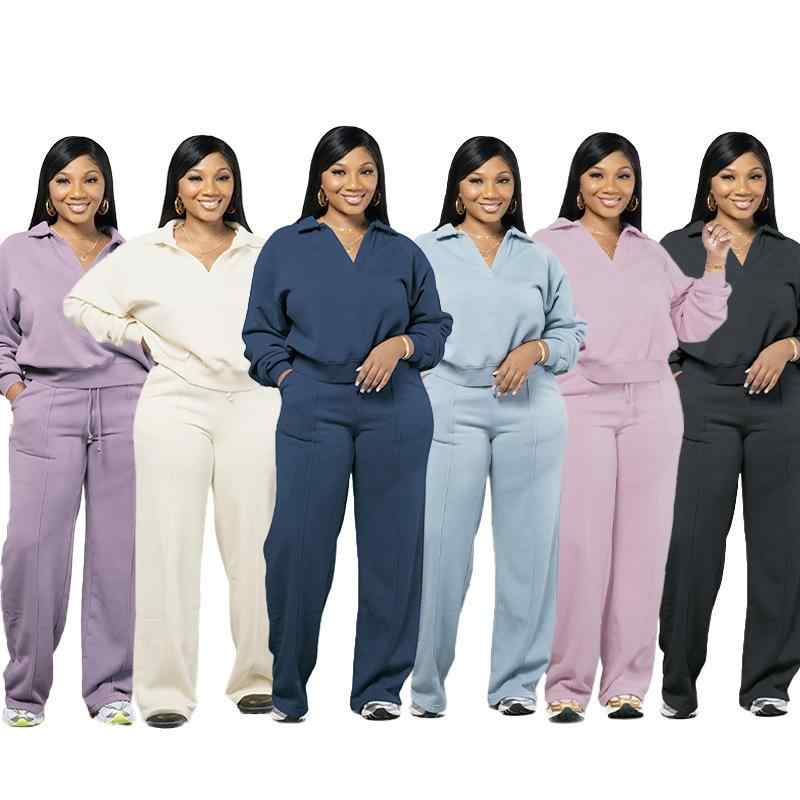 セットアップ レディース 秋冬 長袖 Vネック プルオーバー パンツ 上下セット 無地 快適 伸縮性 ポリエ..