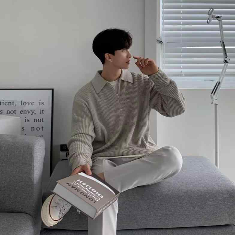 ニット メンズ ニットトップス 長袖 ハーフジップ 襟付き 接触冷感 無地 ゆったりサイズ カ ジュアルス..