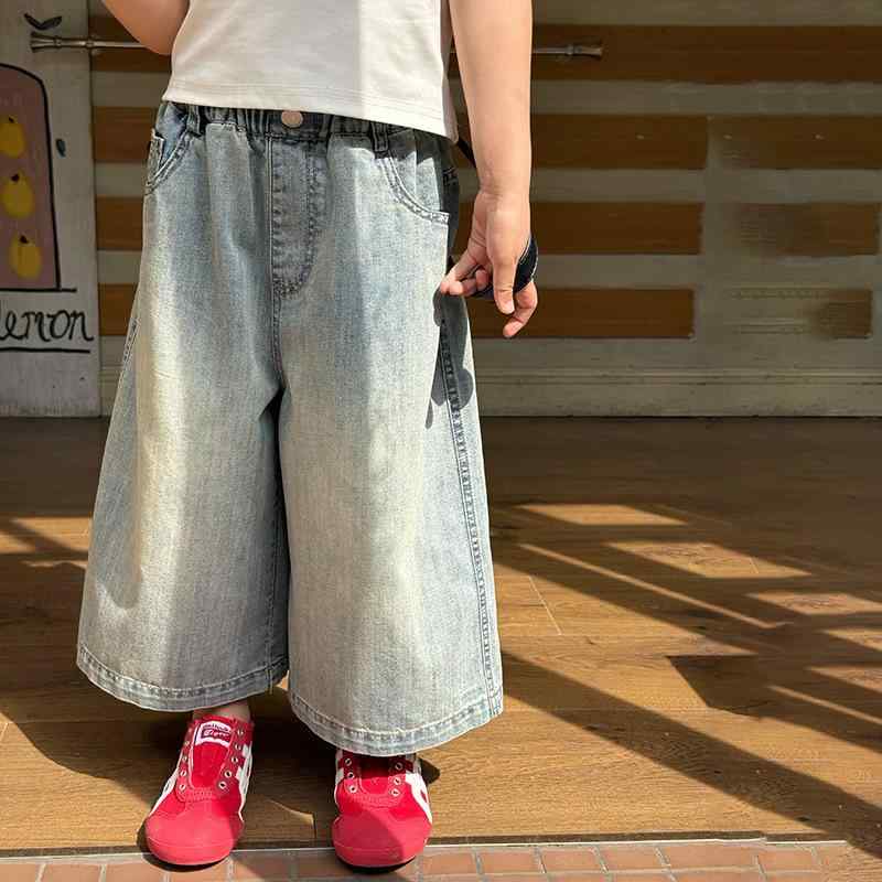 子供服 デニムパンツ 女の子 夏物 韓国風 レトロ ウォッシュ加工 9分丈 ロングパンツ 綿 中小 детство ..