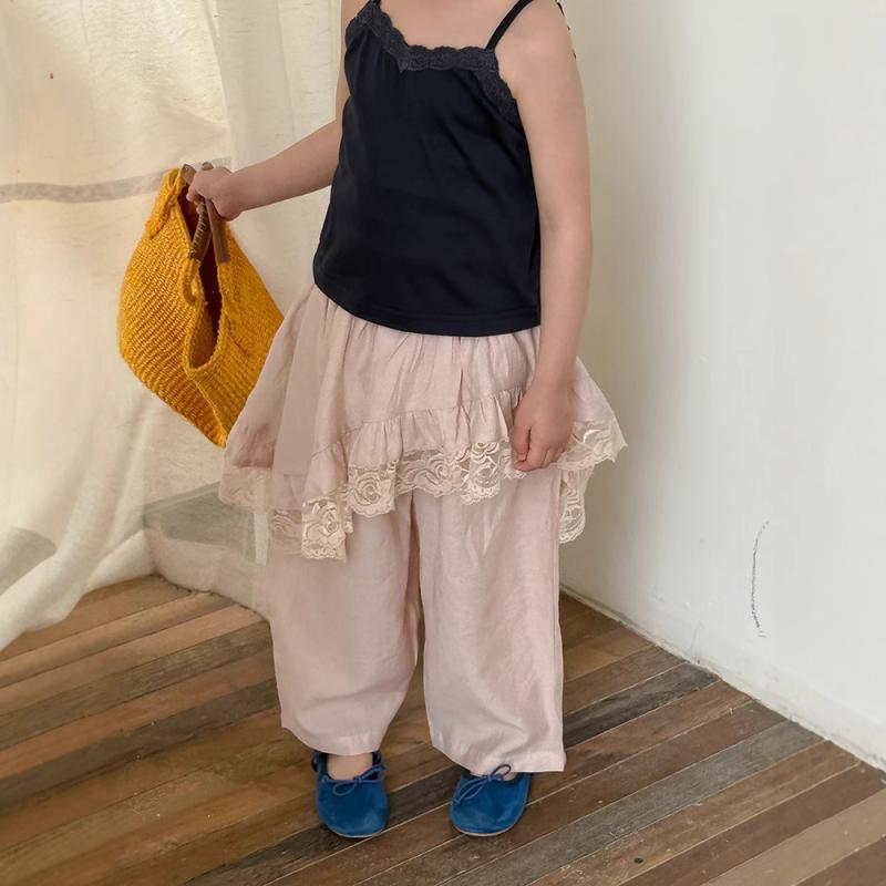 子供服 レーススカート付きパンツ 女の子 夏物 韓国風 キッズ レース フリル ギャザー 高腰 ロングパン..