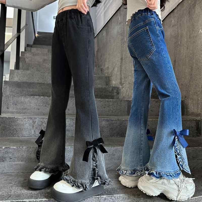 子供服 デニムパンツ 女の子 春秋 ロングパンツ 女児 ジーンズ 裾フレアパンツ 8歳以上 中大童 ブラッ..