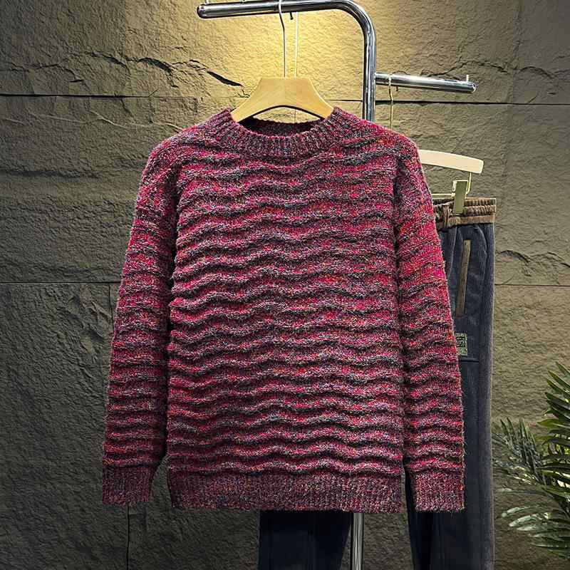 ニット メンズ 秋冬 韓国風 長袖 セーター 提花 ラウンドネック プルオーバー ゆったり カジュアル トップス 赤 紫 カーキ