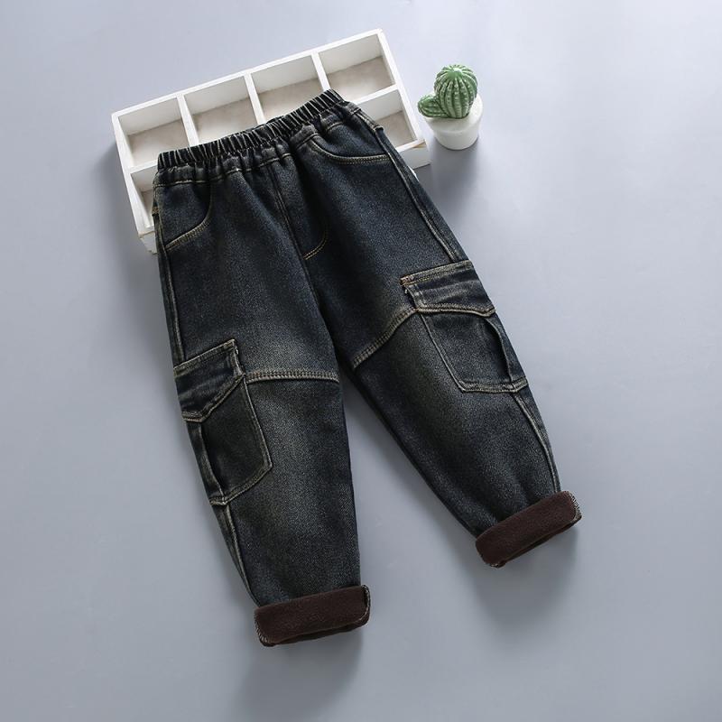 キッズ デニムパンツ 裏起毛 秋冬 男の子 ワークパンツ ロングパンツ 厚手 ウエストゴム 綿混紡 冬 90c..