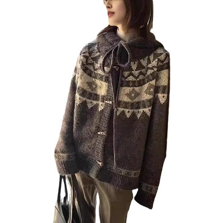 ニット レディース カーディガン 秋冬 あったか ウール混 ケーブル編み フード付き 厚手 ミディアム丈 ..