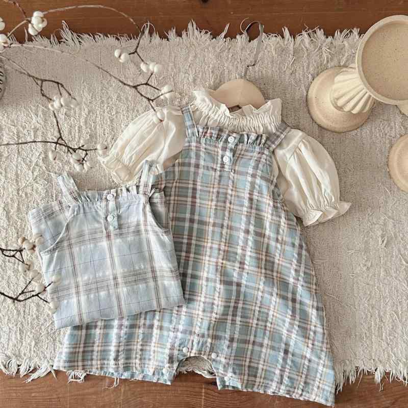ベビー服 サロペット ノースリーブ ロンパース 薄手 綿 格子柄 春夏 かわいい 韓国風 66 73 80 90(4)