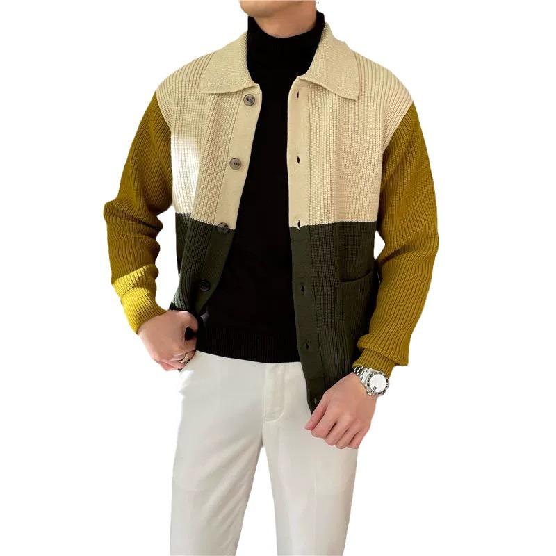 カーディガン メンズ ケーブルニット 配色 襟付き ニットアウター 秋冬 長袖 トップス カジュアル