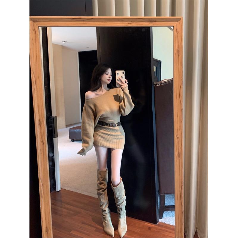 ニットワンピース レディース 秋冬 長袖 斜めがけ風 カシュクール タイト ミニ丈ワンピース ポリエステ..