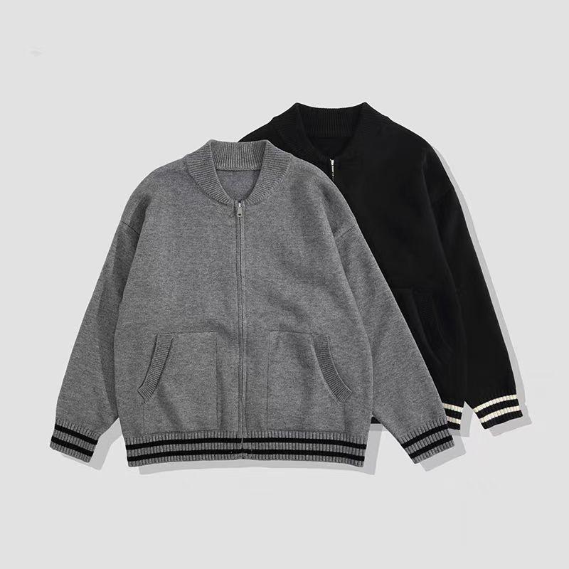 カーディガン メンズ レトロ ニット ジップアップ 秋冬 カジュアル ゆったり 長袖 ポリエステル 混紡 灰色 黒色