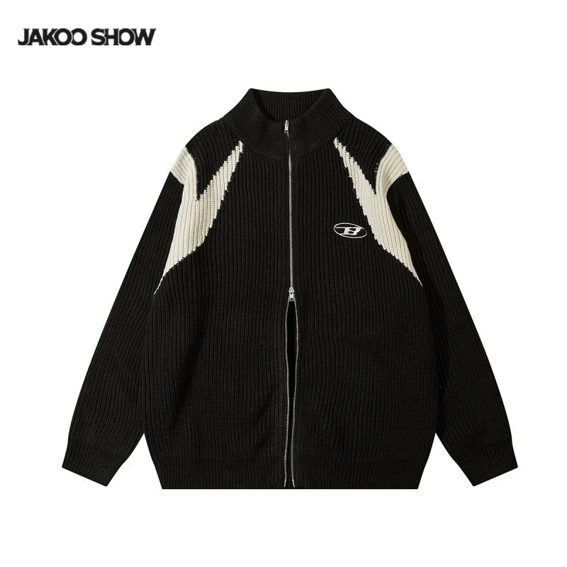 ニット メンズ ニットカーディガン 男性用 レトロ ジップアップ スタンドカラー チャンキーニット 厚手 切り替え ブラック アプリコット ポリエステル 秋冬