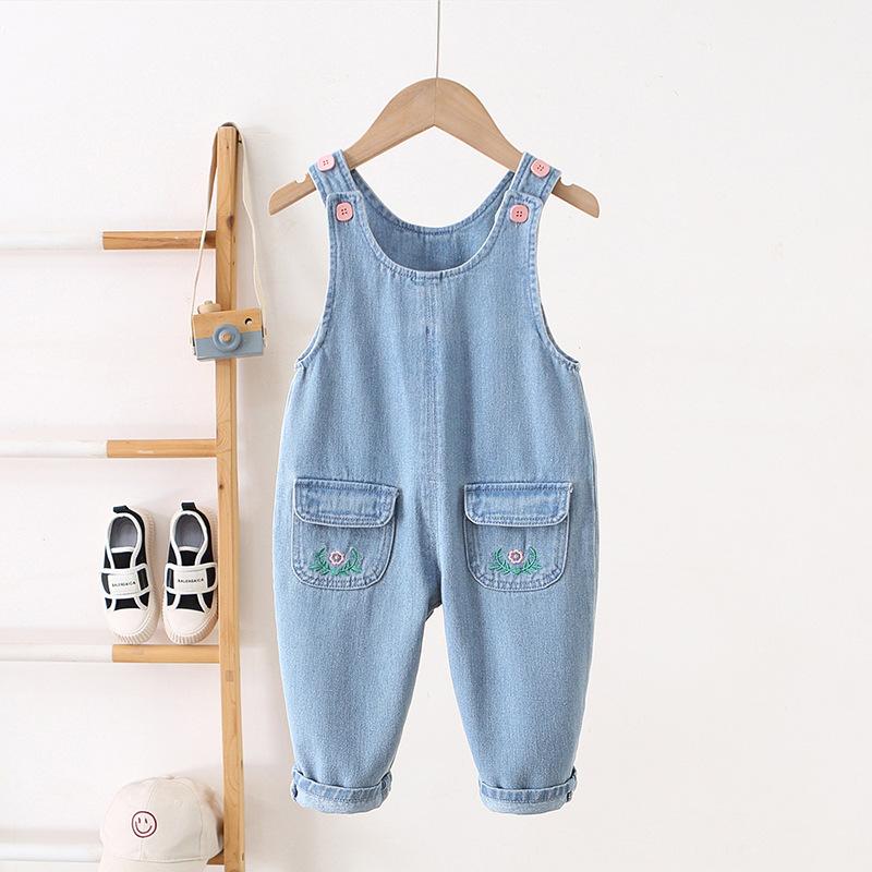 キッズ デニム オーバーオール 女の子 女児 幼児 花柄 かわいい 春秋 背当て 高腰 ロングパンツ 80 90 100 110 120