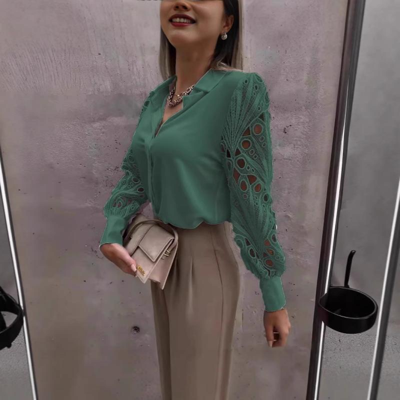 シャツ レディース 無地 レース 切り替え ブラウス トップス 墨緑色 襟付き 長袖 ゆったり 楽ちん 通勤 普段使い(4)
