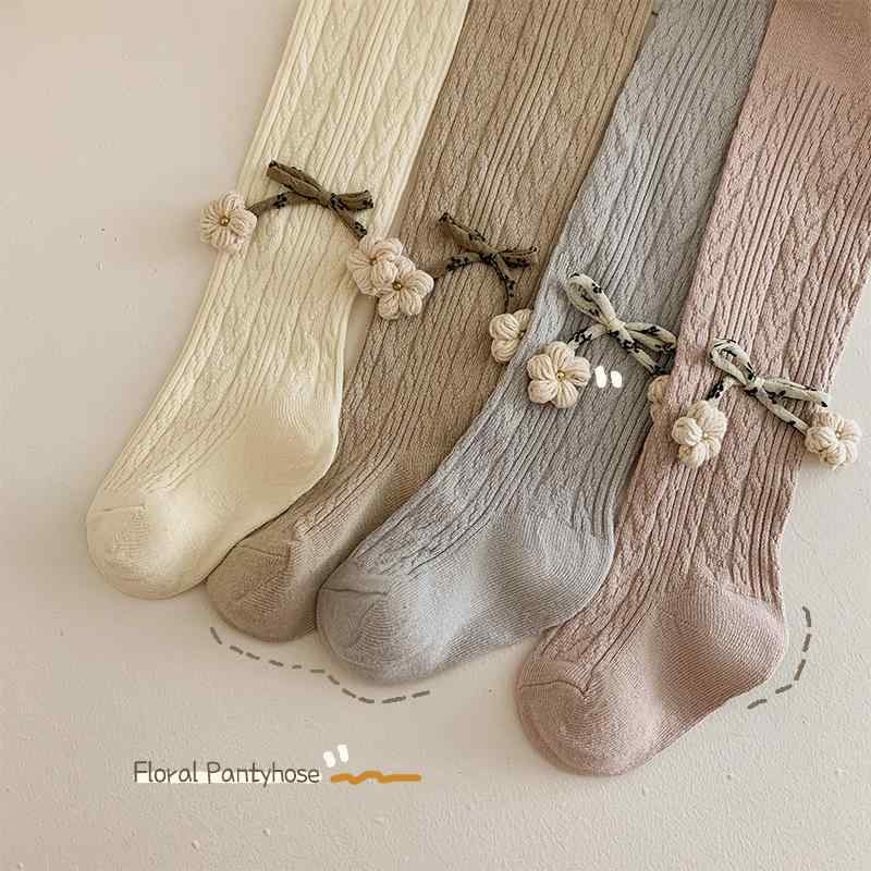 靴下 キッズ 女の子 春秋 花柄 蝶結び付き レギンス コットン ケーブル編み 無地 薄手 深灰色
